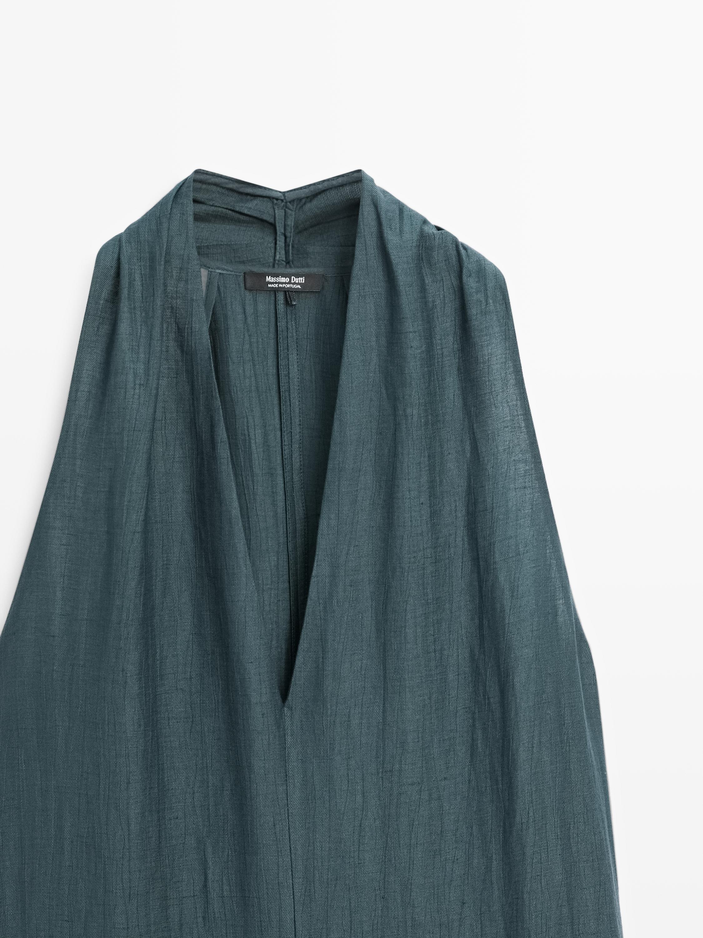 Linen blend midi dress with V-neckline