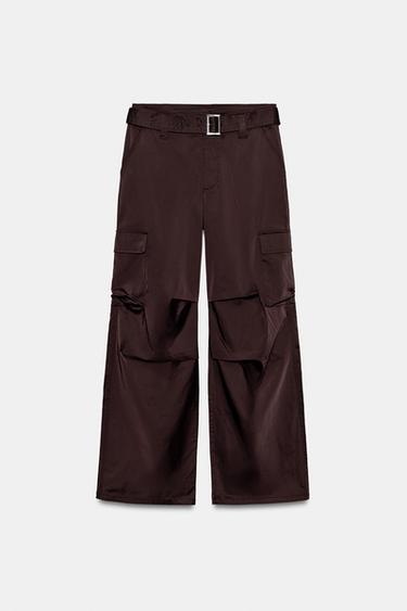 SATIN CARGO TROUSERS WITH BELT - Dark aubergine by Zara - Image 0