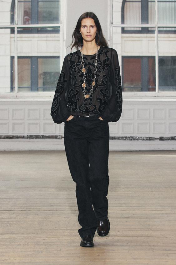 VELVET EMBROIDERED BLOUSE ZW COLLECTION Black ZARA Spain