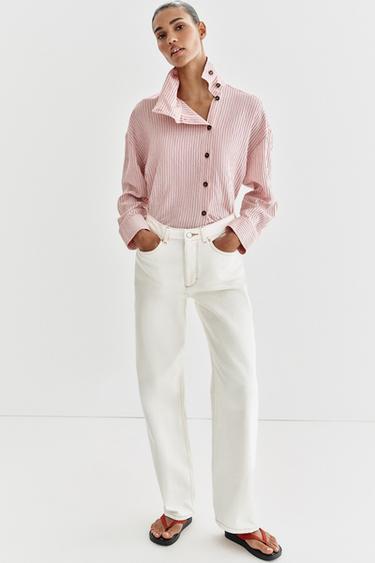 Zara STRIPED HIGH NECK SHIRT - Pink