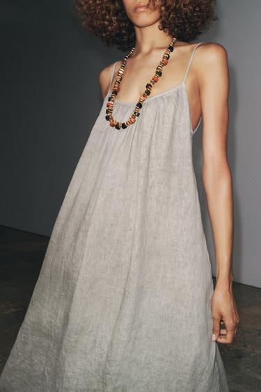 100% LINEN STRAPPY DRESS ZW COLLECTION - Grey by Zara - Image 3
