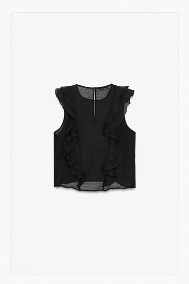Zara 薄透荷葉邊罩衫 - 黑色