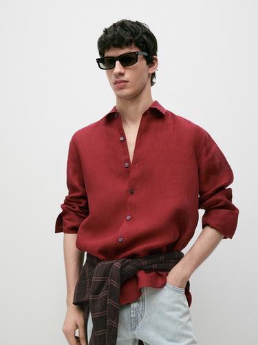 Zara Textured 100% linen regular fit shirt - Red