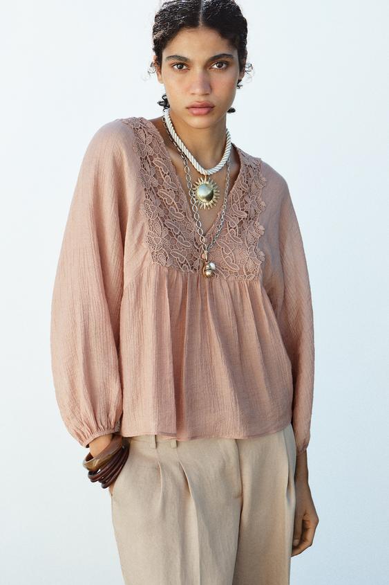 HÁČKOVANÁ TEXTUROVANÁ BLŮZA - Bledě růžová od Zara - Obrázek 1