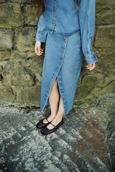 Zara Z1975 DENIM CROSSOVER MIDI SKIRT - Mid-blue