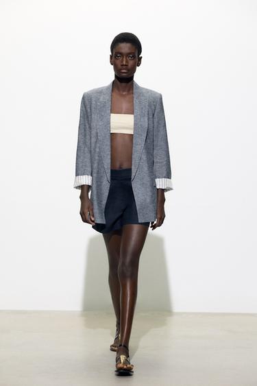 Zara LINEN BLEND BLAZER WITH ROLLED-UP SLEEVES - Indigo