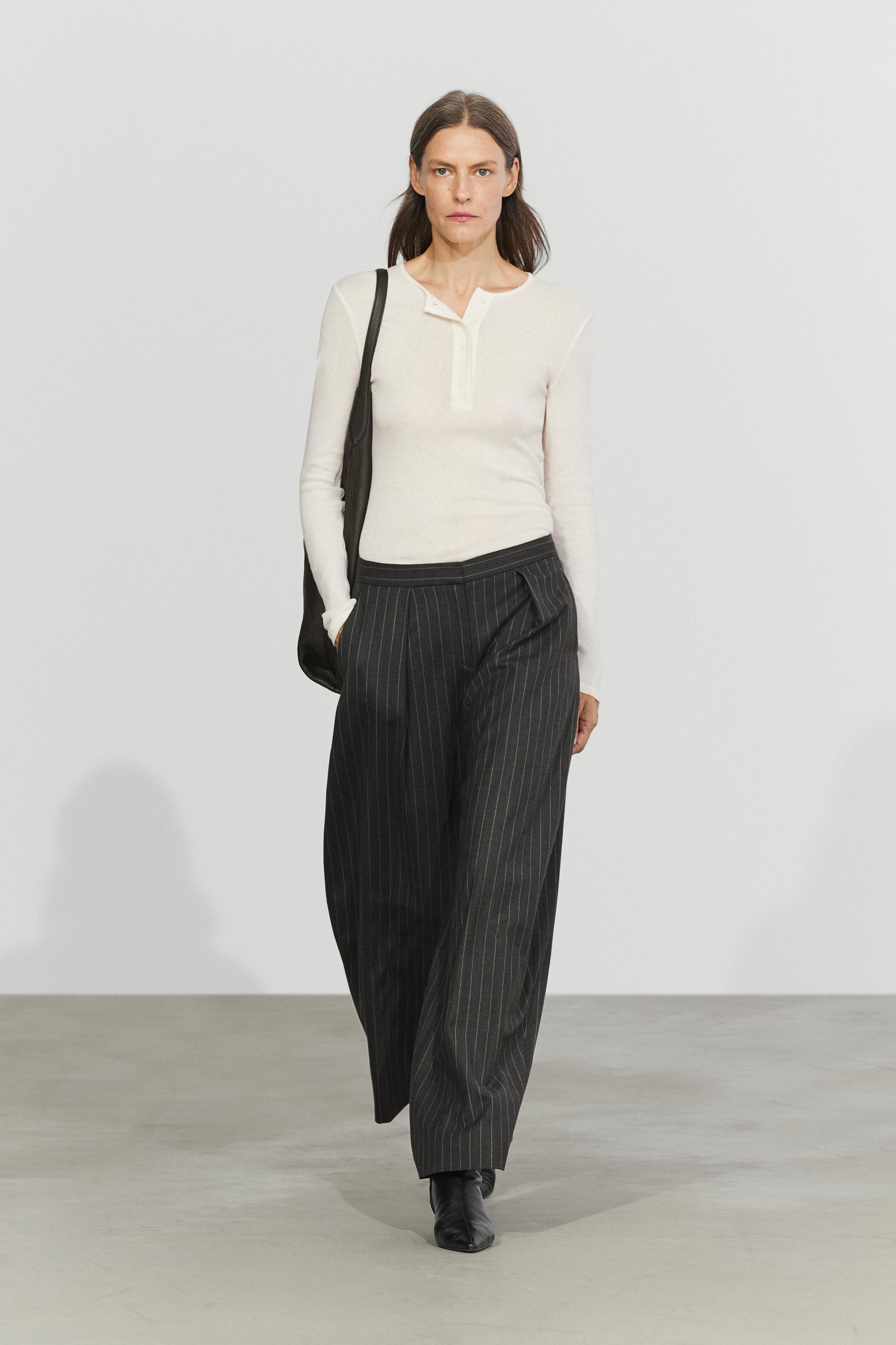 Wool blend striped wide-leg pants - Mink | ZARA United States