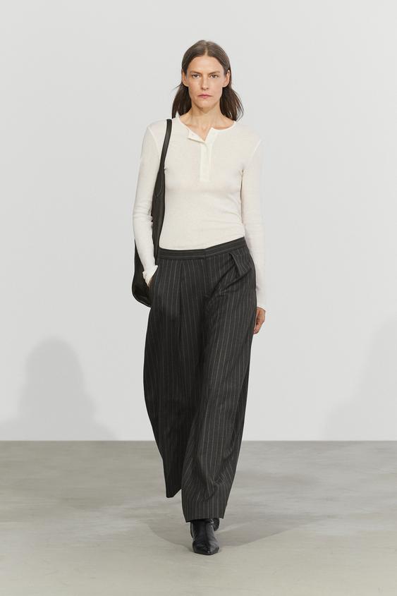 Pantalón ancho rayas con lana - Visón de Zara - Imagen 0