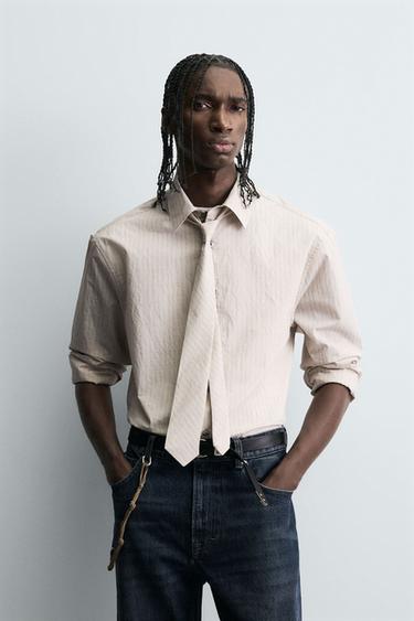 STRIPED SHIRT WITH CONTRAST TIE DETAIL - Sand by Zara
