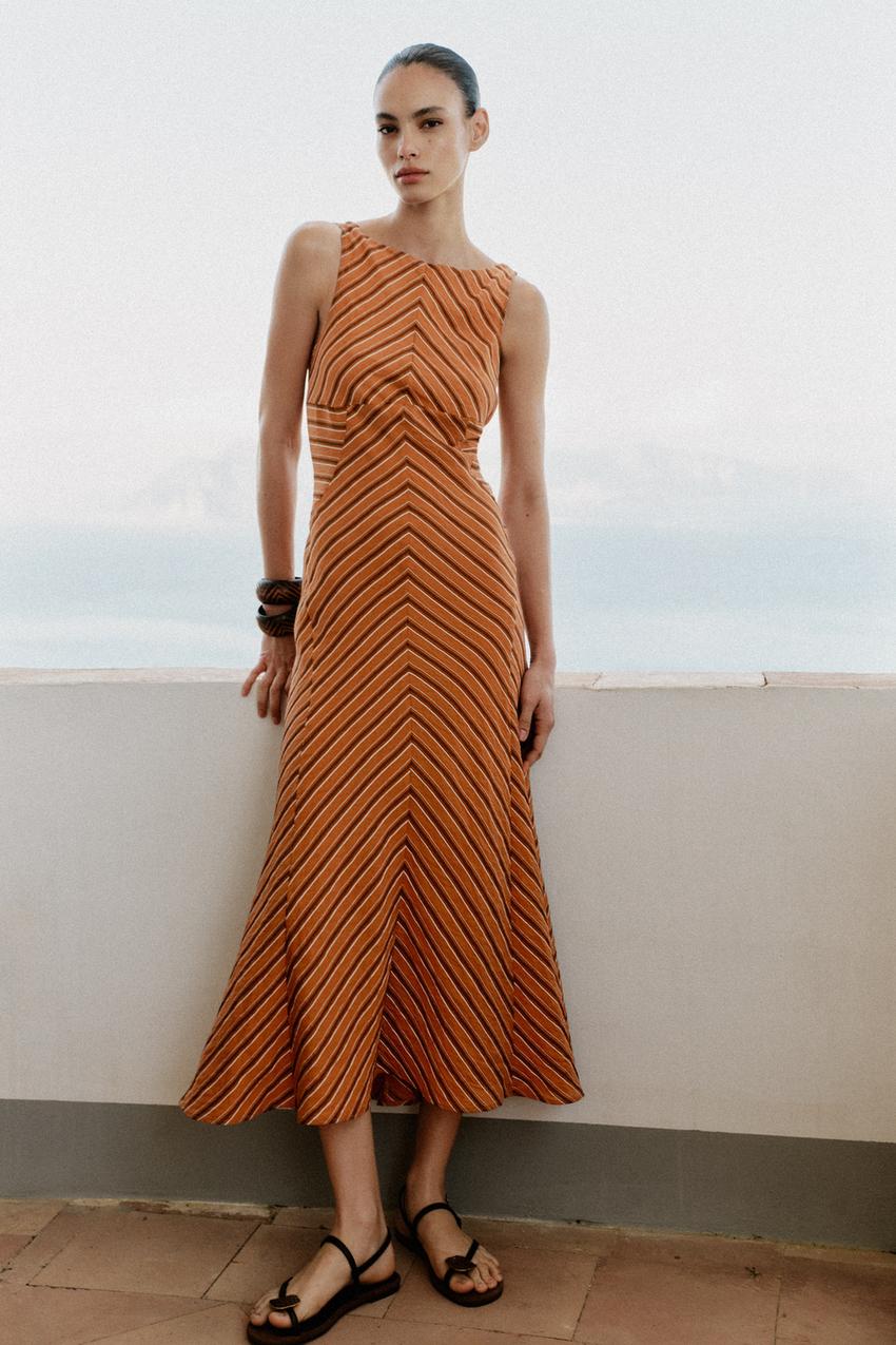 brown stripe midi dress Brienne Stripe Midi Dress / Pink/Chocolate | MESHKI main image 0