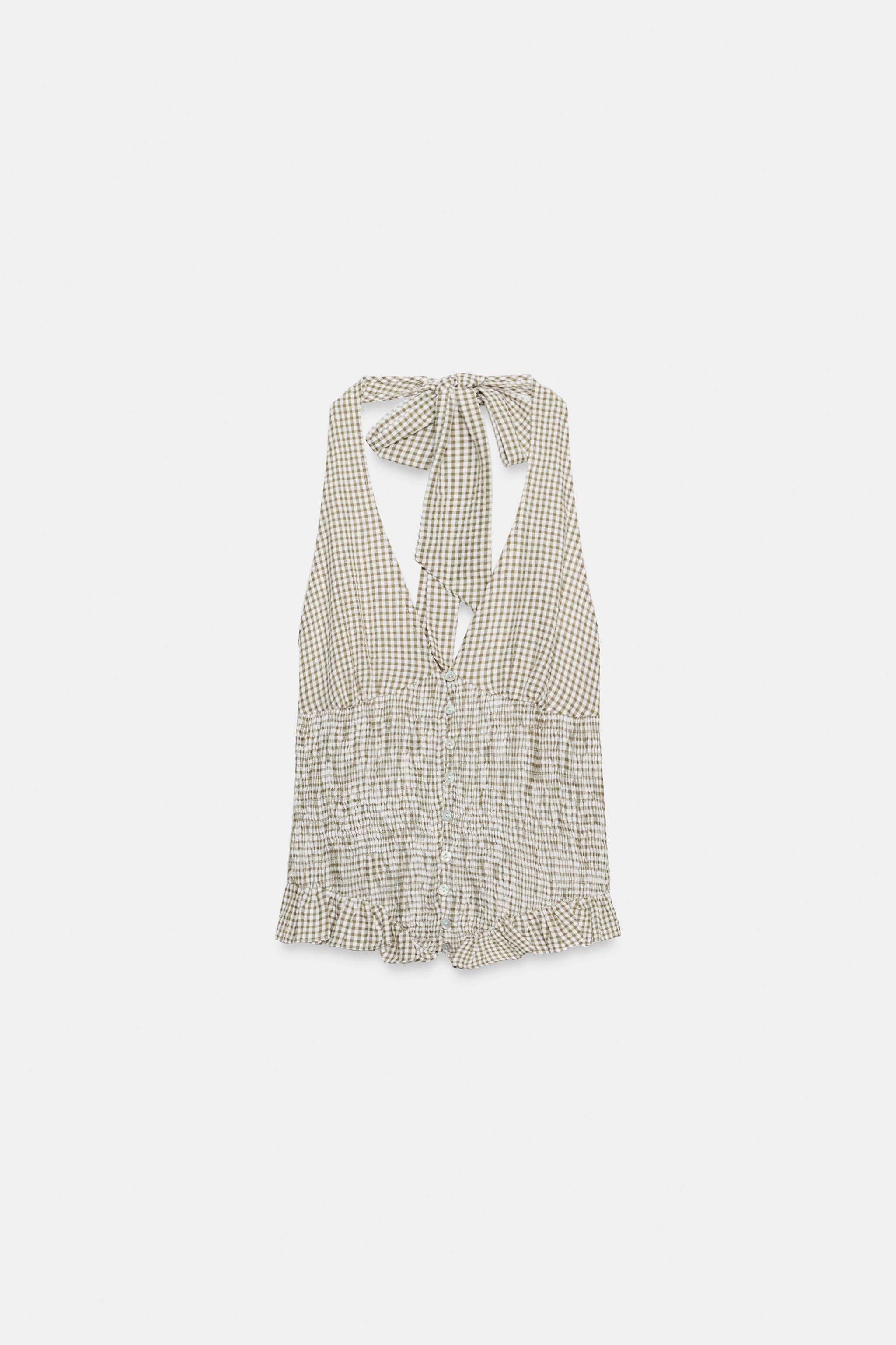ギンガムチェック柄ホルターネックトップス - 生成り/カーキ | ZARA