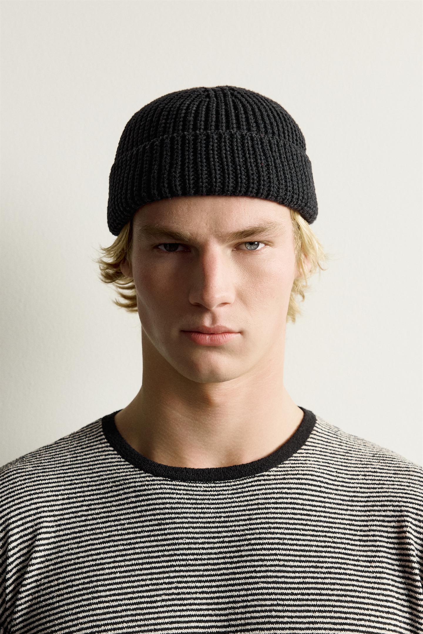 Мужская шапка Zara Cotton Blend Knit Beanie, цвет: Чёрный — фото 1