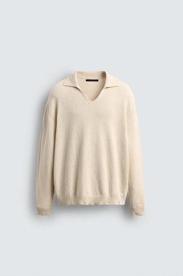 KNITTED RIPPED-EFFECT POLO SHIRT - Ecru by Zara - Image 6