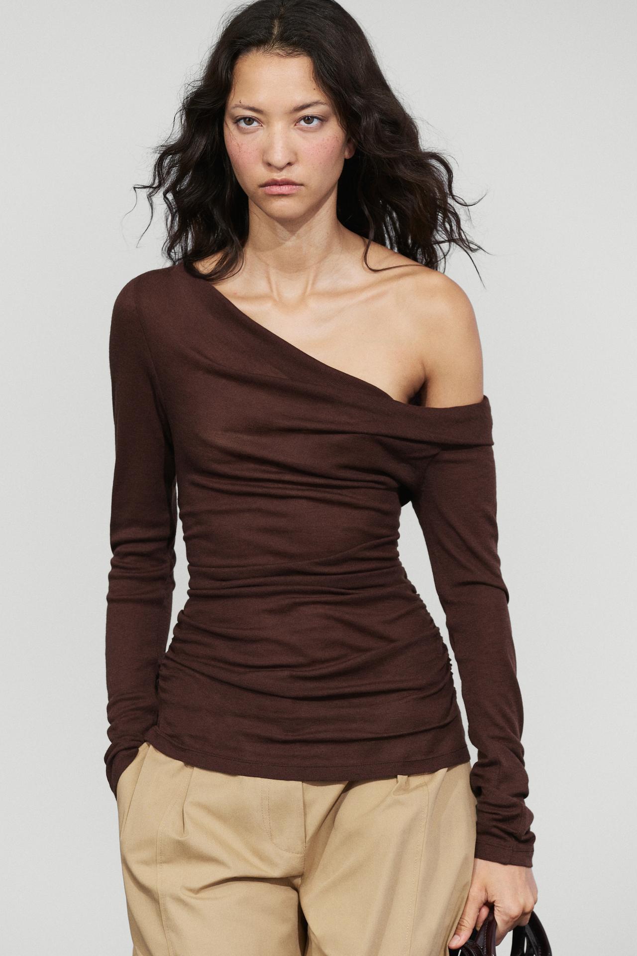 Asymmetric long sleeve flowing top — Burgundy