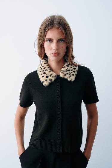 CARDIGAN WITH DETACHABLE FAUX FUR COLLAR — Black 1