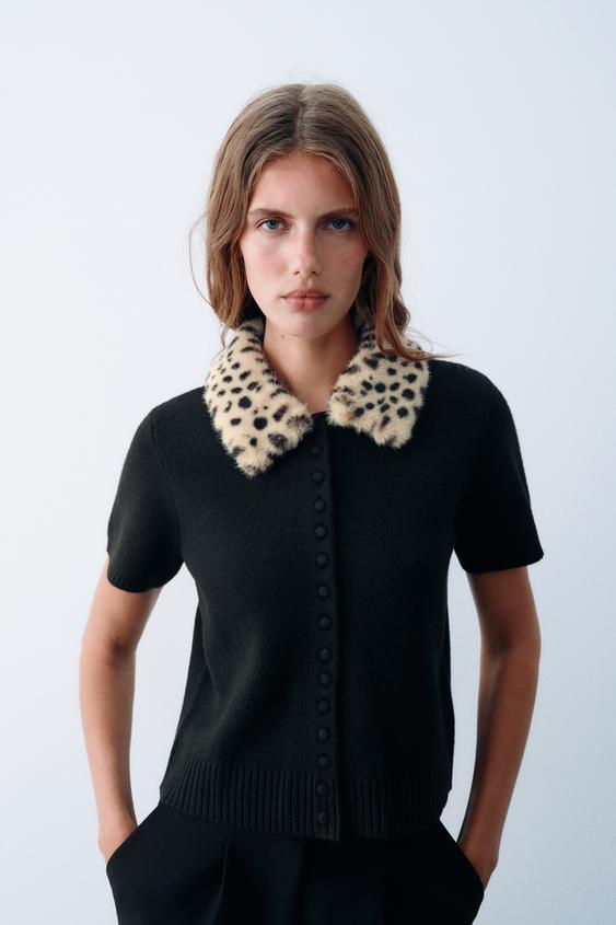 GILET EN MAILLE COL AMOVIBLE EFFET FOURRURE - Noir de Zara - Image 1
