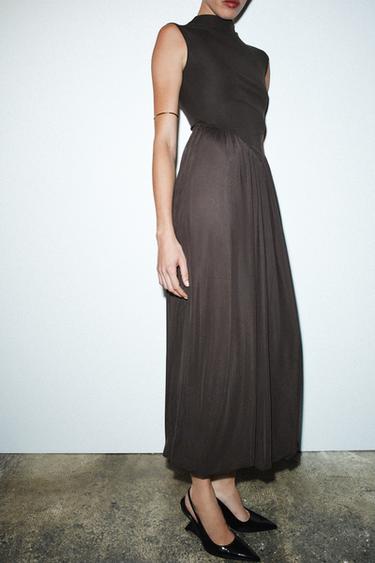 Zara LONG TULLE COMBINATION DRESS - Dark brown