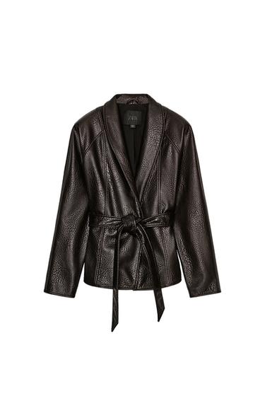 جاكيت جلد صناعي بحزام ZW COLLECTION - بني داكن by Zara