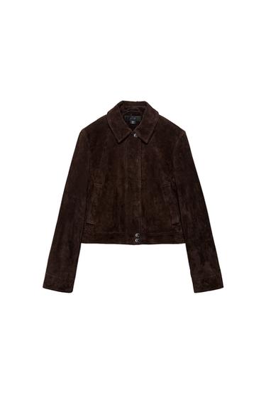 Front view of a dark brown bomber jacket with a lapel collar, long sleeves, jetted front pockets, and a concealed zip fastening.