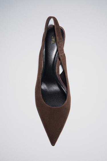 SCARPE SLINGBACK IN PELLE SCAMOSCIATA CON TACCO KITTEN - Marrone cioccolato di Zara