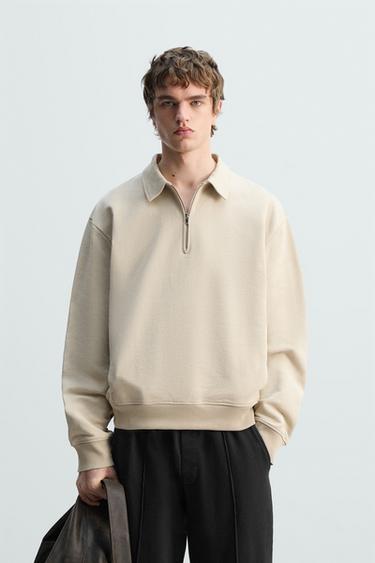 Zara ZIP POLO SWEATSHIRT - Beige