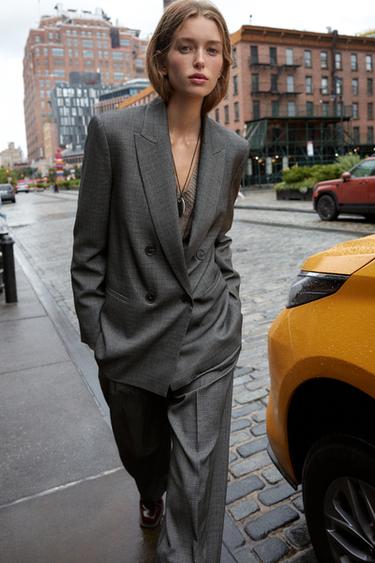 Zara DOUBLE BREASTED BLAZER WITH SHOULDER PADS - Black / Ecru