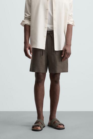 Zara REGULAR FIT LINEN SHORTS - Brown / Taupe