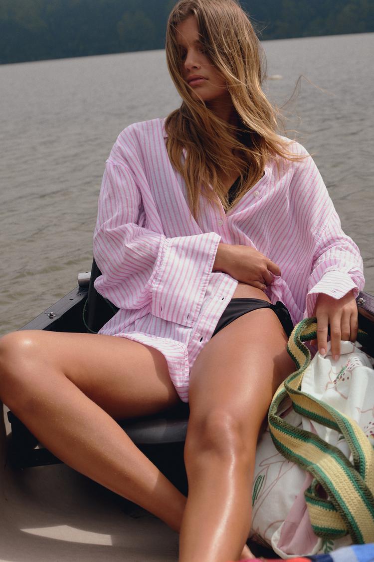 CAMISA OVERSIZE GASA RAYAS Blanco Rosa ZARA Mexico