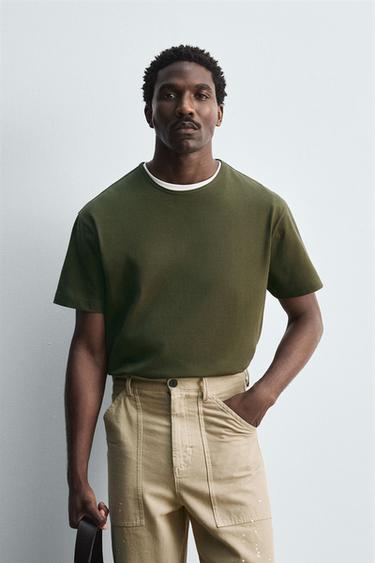 HEAVYWEIGHT RIBBED TRIM T-SHIRT - Mid-green by Zara