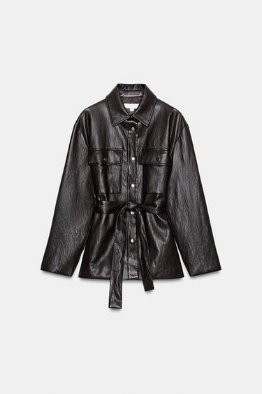 LONG FAUX LEATHER JACKET WITH BELT - Brown by Zara