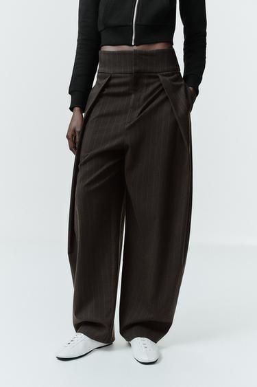 BALLOON TROUSERS WITH STRIPES AND PLEATS - Brown / Ecru by Zara