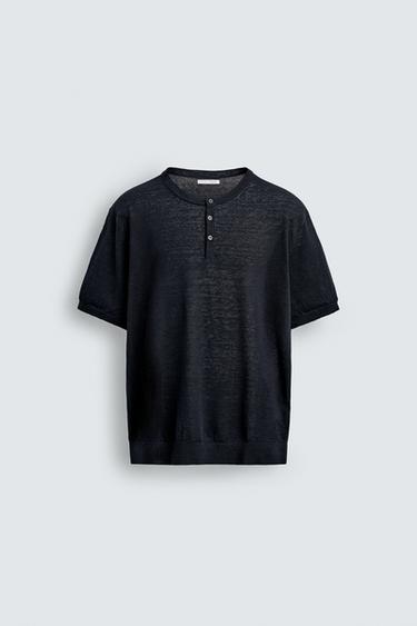 Zara 100% LINEN KNIT HENLEY SHIRT - Navy blue