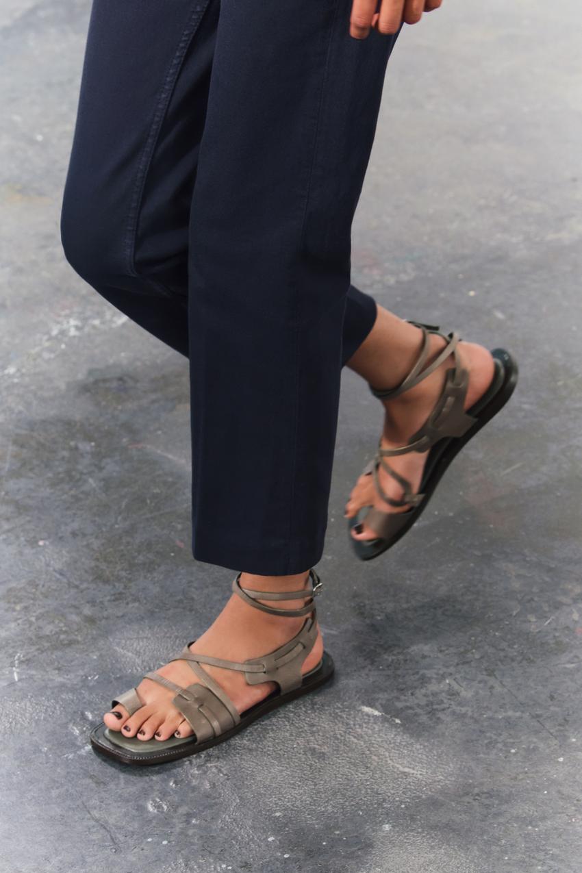 Sandalias Negras Sandalia Piel Atada Zara Cangrejeras Planas Zara