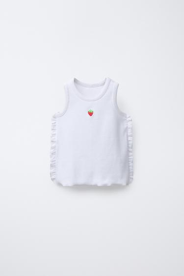 Zara EMBROIDERED RUFFLED RIBBED TOP - White