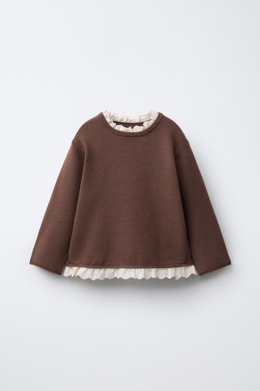 KNIT SWEATER WITH EMBROIDERY AND LACE TRIM - Chocolate by Zara