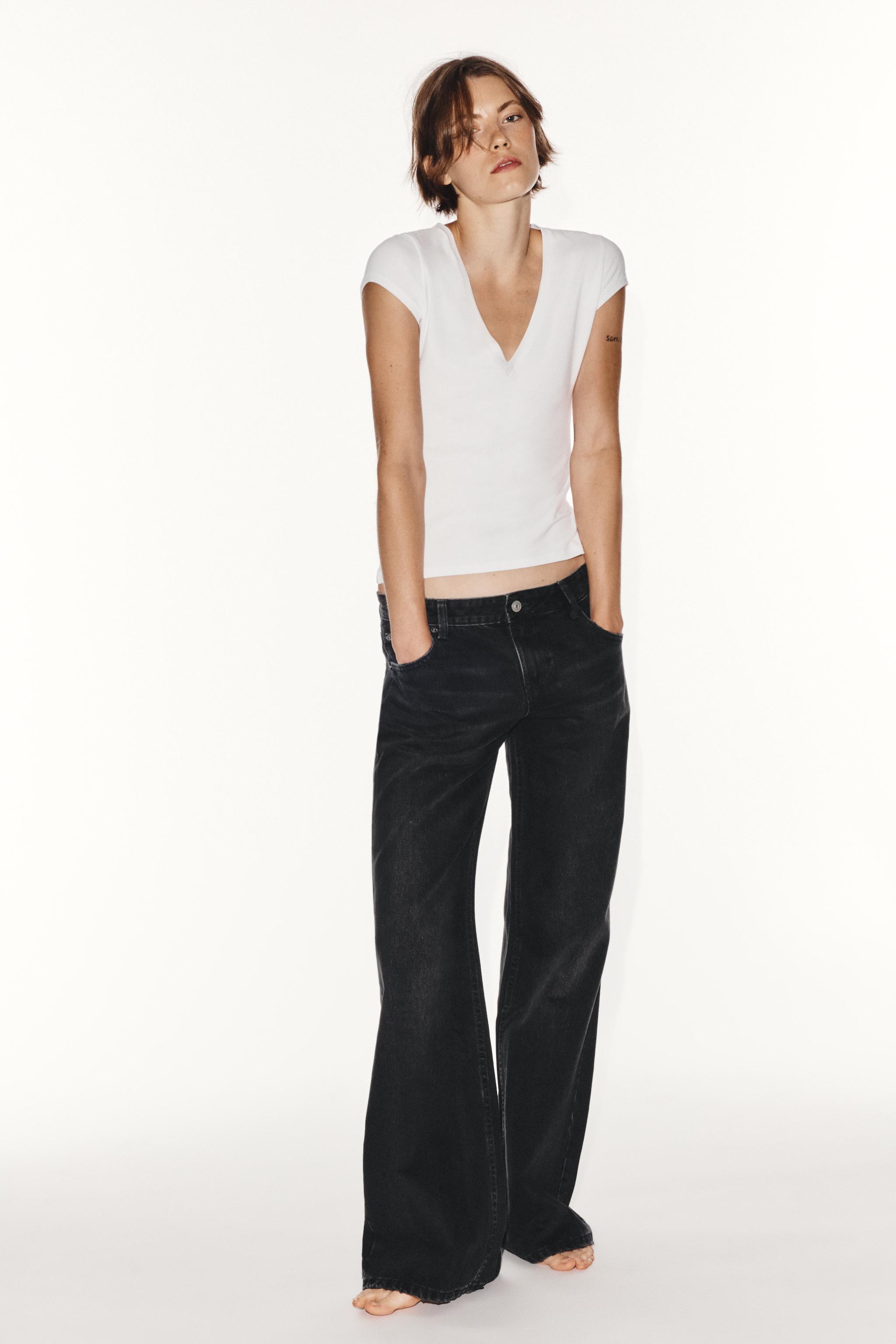 TRF DISTRESSED LOW-RISE WIDE LEG FLARE JEANS — Black