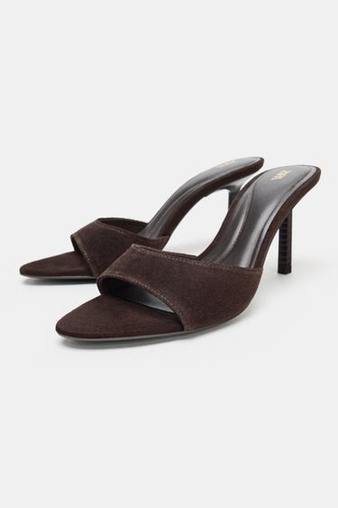 SANDALES À TALONS EN CROÛTE DE CUIR - Marron de Zara - Image 2