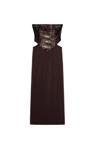 Front view of dark brown dress with sequin collar.