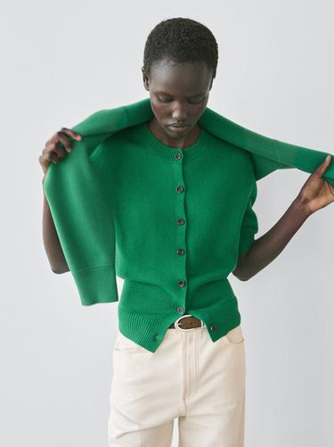 Cárdigan punto manga corta mezcla algodón - Verde de Zara