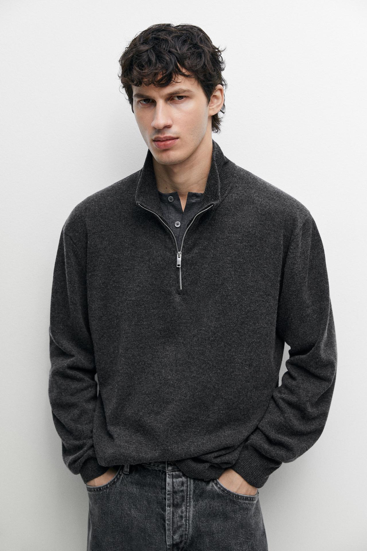 Mock neck knit sweater with zip — Anthracite Gray