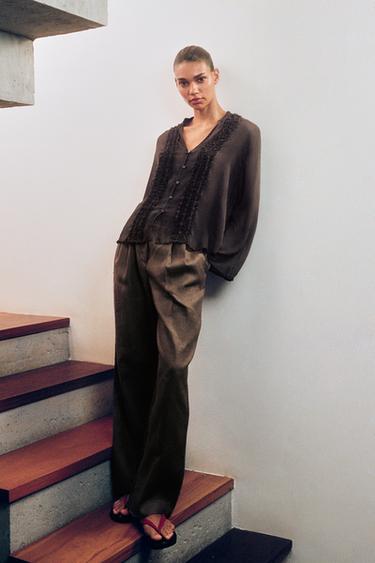 Zara RUFFLED BLOUSE - Dark brown
