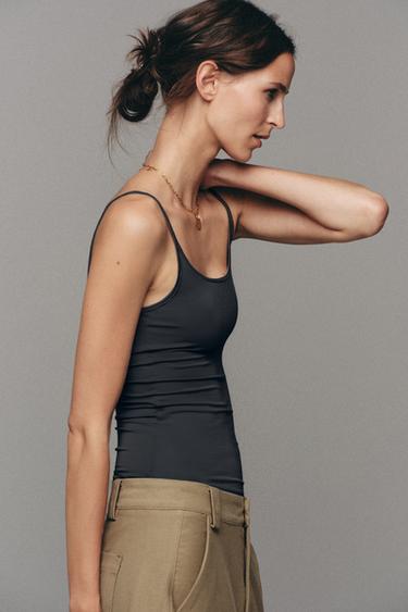 Zara THIN STRAP POLYAMIDE TANK TOP - Dark anthracite