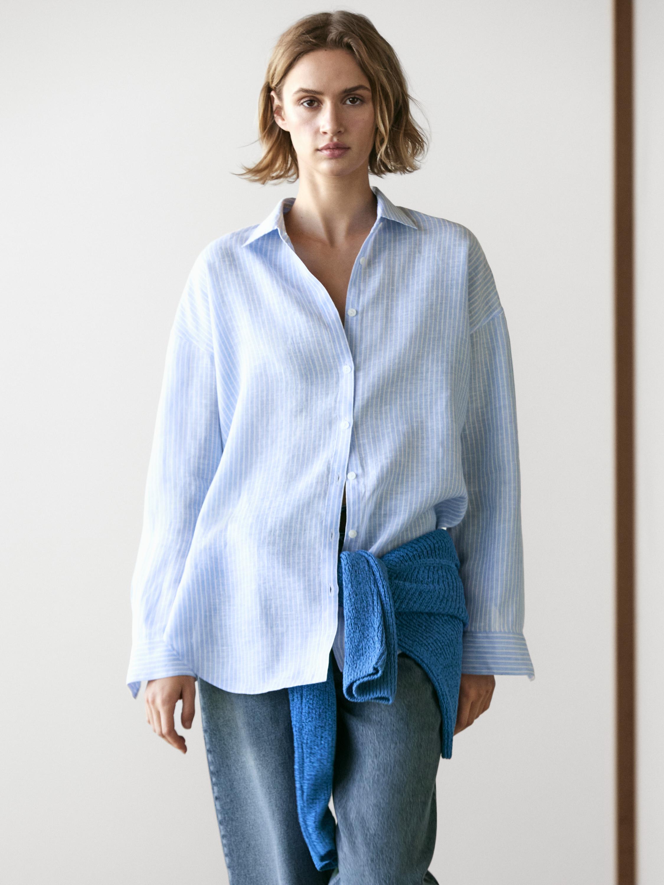 Flowing striped 100% linen shirt — Sky blue