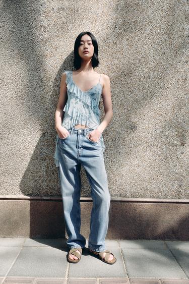 Zara 荷葉邊印花薄紗上衣 - 藍色