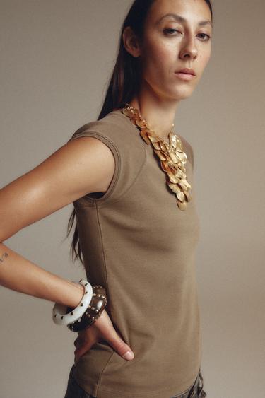 WASHED COTTON T-SHIRT - Dark tan by Zara