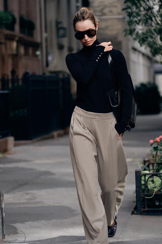 Zara ELASTIC WAIST PLEATED PANTS - Stone - Image 0