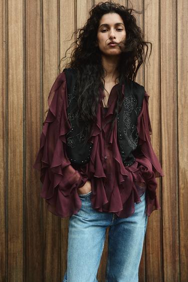 RUFFLED BLOUSE ZW COLLECTION - Burgundy by Zara
