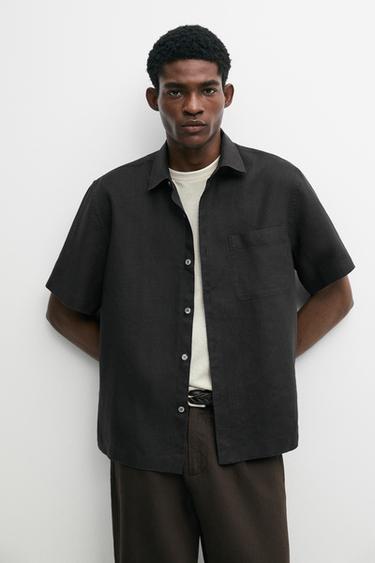 Zara 100% linen regular fit short sleeve shirt - Black