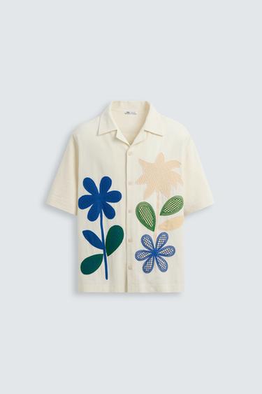 Zara CONTRASTING PATCH SHIRT - Oyster-white