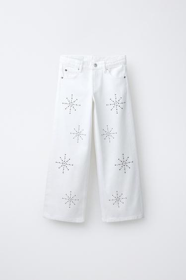 STUDDED WIDE-LEG JEANS - Ecru by Zara